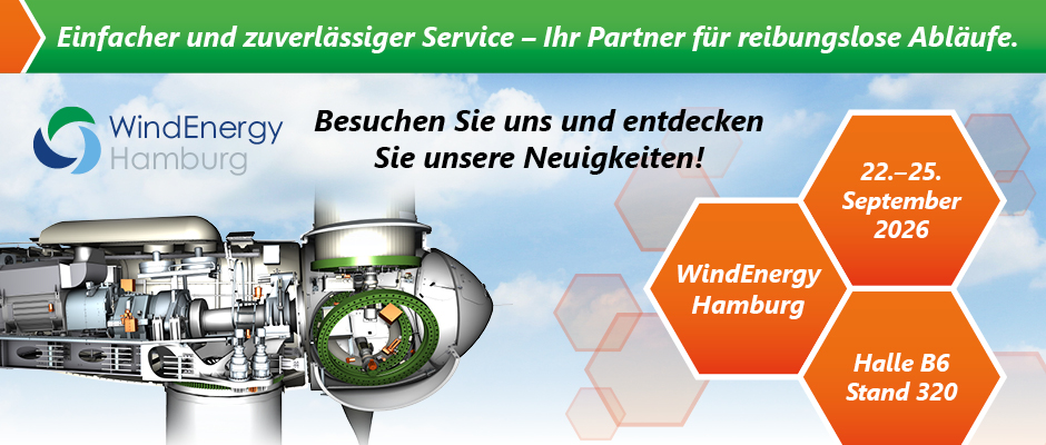 Wir begrüßen Sie vom 22.-25. September 2026 am Stand 320 in Halle B6 bei der WindEnergy in Hamburg.