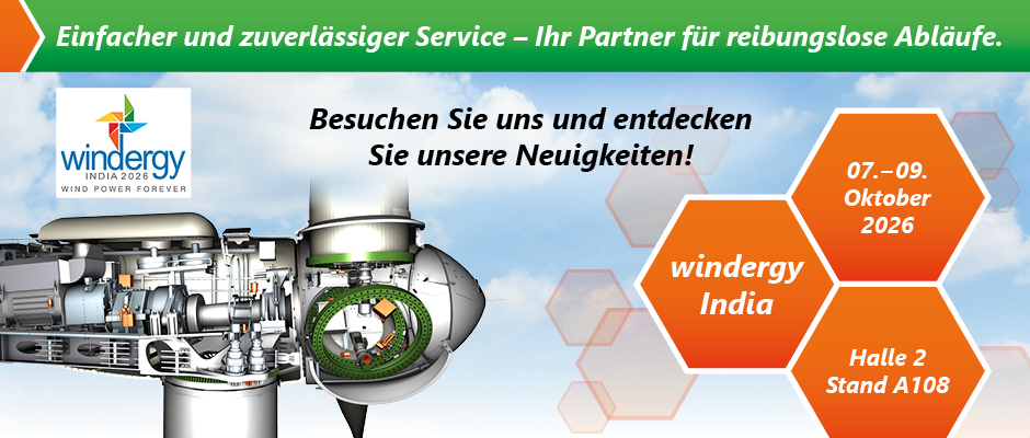Wir begrüßen Sie vom 07.-09. Oktober 2026 am Stand A108 in Halle 2 bei der windergy in Chennai Indien.